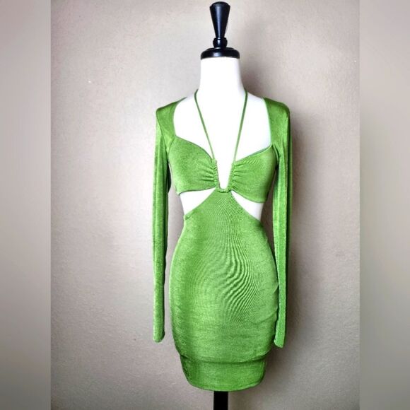Bershka Cut Out Detail Square Neck Mini Dress Green Womens Size S - Picture 4 of 9